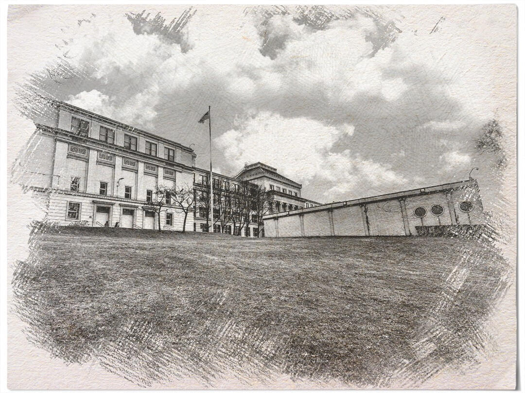 Sepia sketch of the exterior of a high school building