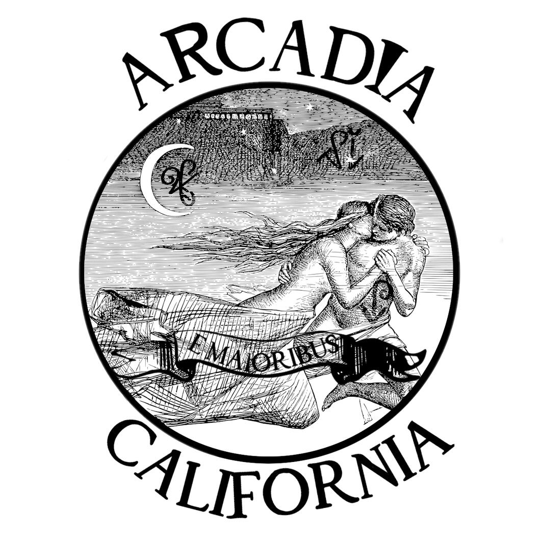The seal of Arcadia, CA: a man and woman embracing each other, with the words E Majoribus in a banner underneath them, and a half-moon behind them