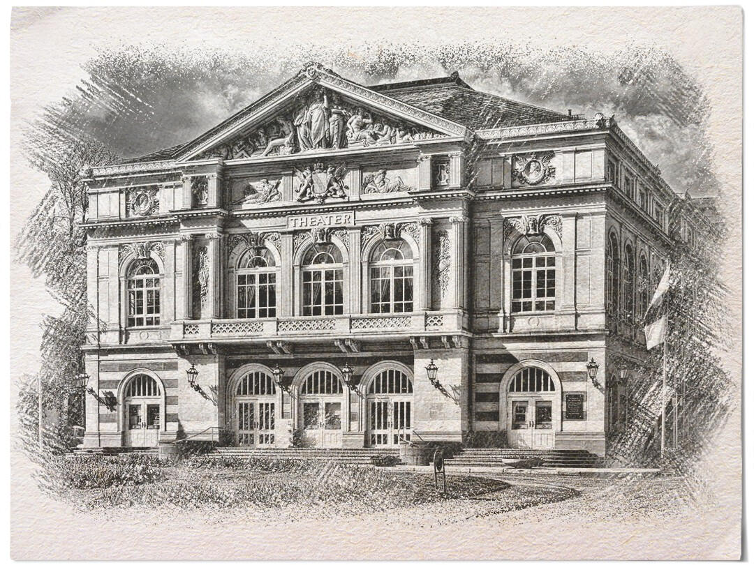 Sepia picture of a theater with an elaborate facade