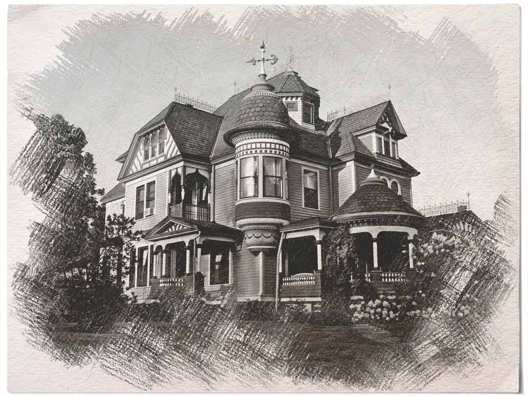 Sepia sketch of an old-fashioned, 2 story, gabled house