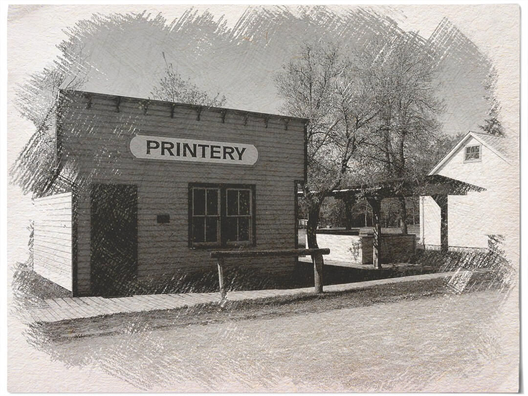 Sepia sketch of the outside of a print shop