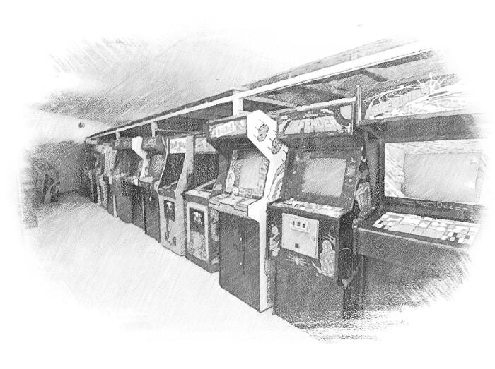 Sepia sketch of arcade game cabinets